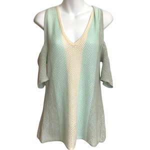 SOGI Mesh Cold Shoulder Short Sleeve Top Cream/-Light Green Size L